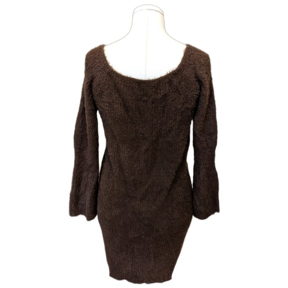 Womens Fuzzy Knit Brown Sweater Dress Ruched Party Fall V-Neck Casual Cozy Sz M - Picture 7 of 9